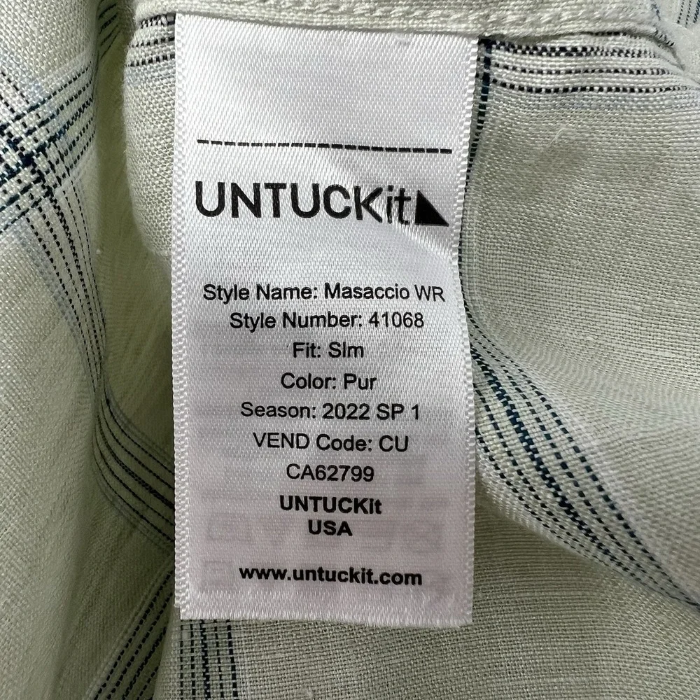 Untuckit Mens Slim S Masaccio WR Linen Cream Navy Plaid Long Sleeve Button Shirt